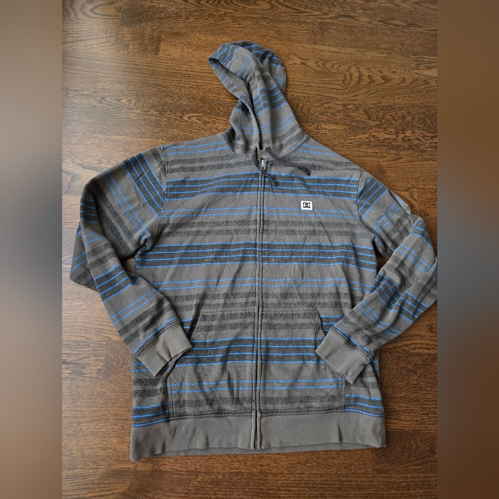 DC Men's Gray and Blue Striped Sweater Zip Up Sz.XXL